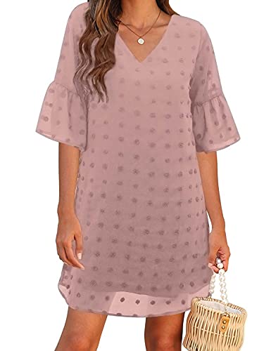 Blooming Jelly Womens White Dresses Short Sleeve V Neck Ruffle Cute Sun Dress Chiffon Flowy Shift Mini Dress (Small, Pink2)