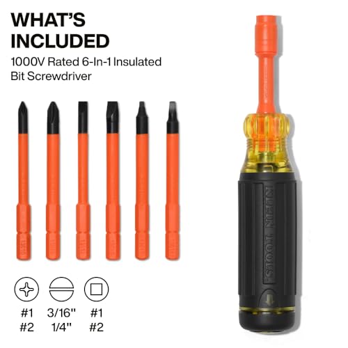 Image of Klein Tools 32306INS 6-in-1 Insulated Multi-Bit Screwdriver, Multi-Bit Driver with Auto-Locking Collar, 1000V Rated, In-Handle Bit Storage