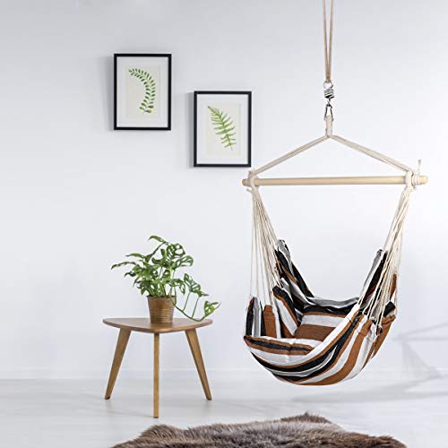 E EVERKING Hanging Rope Hammock Chair Swing Seat with Two Seat Cushions and Carrying Bag, Cotton Weave Porch Swing Chair for Indoor, Outdoor, Garden, Patio, Porch, Yard, Max 265 Lbs