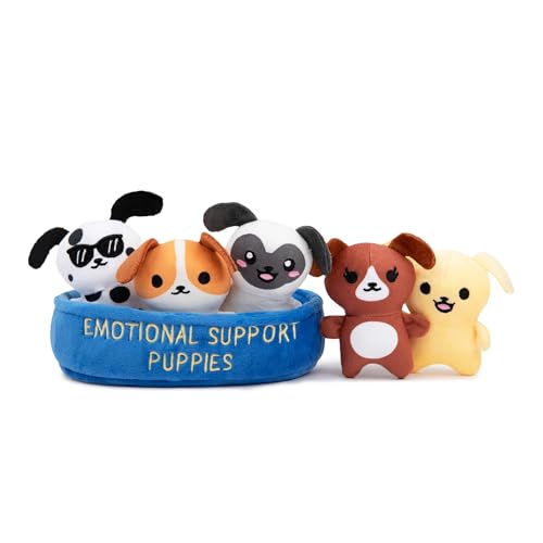 Image of Emotional Support Puppies by Relatable, Cuddly Stuffed Animals, Plushies, and Cute Stuff, Great Gift Ideas for Loved Ones of All Ages, Includes 5 Plushies with Carrying Basket
