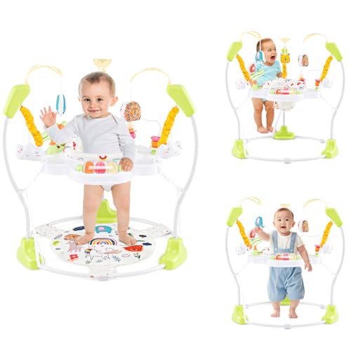 Image of HONEY JOY Baby Bouncer Activity Center, Infant Jumper and Table w/ 360° Rotary Seat, 3 Adjustable Heights, Mat, Music, Lights, Sounds & Developmental Toys, Activity Center for Babies (Yellow)