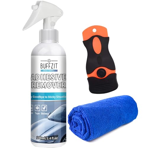 BUFFZIT Car Adhesive Remover - Glue Removal Spray for Decals, Stickers, Labels & Tape on Bumper Glass Paint Glue Gone with Plastic Scraper Tool – 100ml/3.4oz