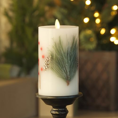 Image of Luminara Flameless LED Candle Pine Berries Pinecone Embedded Real Wax Moving Flame Pillar Unscented with Recessed Edge, Remote Ready, Timer (3.5 x 6.5 inch)