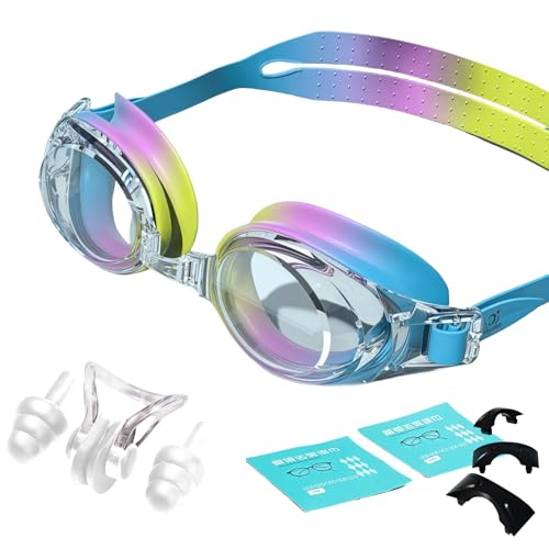 HSTWODE 1 occhialini da nuoto ottici con visione da -1,5 a -9,0, anti-appannamento, occhialini da nuoto monoblocco con tappi per le orecchie, per uomo e donna (colorati, 0)