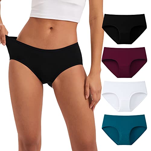 INNERSY Bragas Mujer Algodon Elástico Lote Braguitas Hipster Ropa Interior Cintura Media 4 Pack (S, Negro+Blanco+Azul+Rojo Oscuro)
