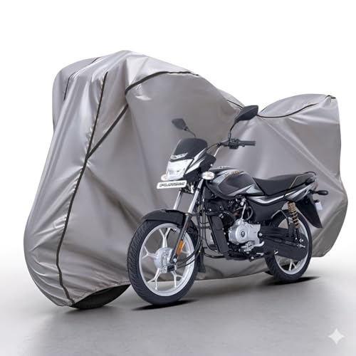 Image of Waterproof Bike Body Cover Compatible with Bajaj Platina Dustproof Scratchproof - Motorcycle Cover for Two Wheeler, Outdoor Full Cover with UV, Duty, Rain Protection (Silver & Black)