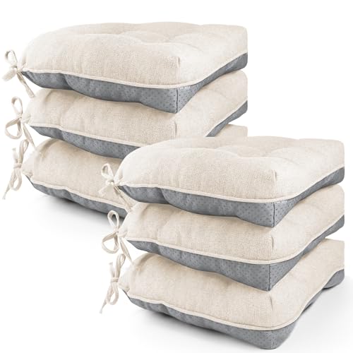 widesmile Chair Cushions for Dinning Chairs, Set of 6 PCS Memory Foam Kitchen Chair Cushion with Ties and Non Slip Backing, Tufted Chair Cushions for Dining Room, 40cm x 40cm x 10cm, Beige