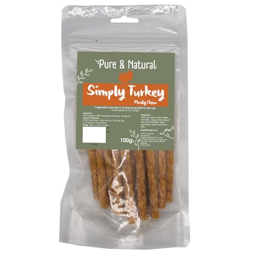 Pure & Natural Simply Turkey Meaty Sticks - Turkey Dog Treats, Low Fat & Lean Protein Dog Stick, Grain Free, Natural Dog Chews - 100g Bag