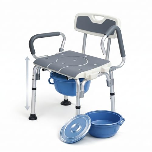 3-in-1 Bedside Commode Chair for Adults, Shower Chair & Toilet Safety Frame, Adjustable Height, Flip-Up Arms, Non-Slip Feet, 300 lbs Capacity, Commode Chair for Elderly