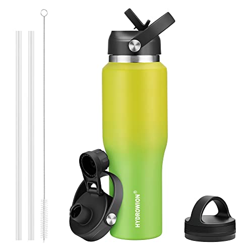 Image of HYDROWION Water Bottle Stainless Steel,Vacuum Insulated Leak Proof Tumbler 32oz with Straw Lid, Spout Lid and Flex Cap(Cold for 48 Hrs, Hot for 24 Hrs), Fit in Any Car Cup Holder, Yellow&Green