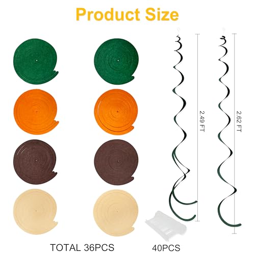 Image of 36 Pcs Green Brown Orange Beige Hanging Swirl Decorations Felt Swirl Streamer Spiral Ceiling Garland for Woodland Safari Jungle Wild Birthday Neutral Party Decorations Supplies