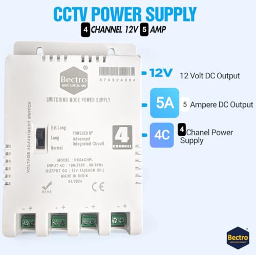 Image of Bectro Security Camera's CCTV Power Supply for 4 Channel (12V 5 Amp) SMPS (Switch Mode Power Supply) with Voltage Booster Technology