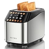 Secura No Lever Smart Toaster 2 Slice Touchscreen - Auto Lower&Lift 1.5" Wide Slot Stainless Steel Keep Warm Toaster with Digital Countdown, 6 Bread Type, 6 Shade Setting