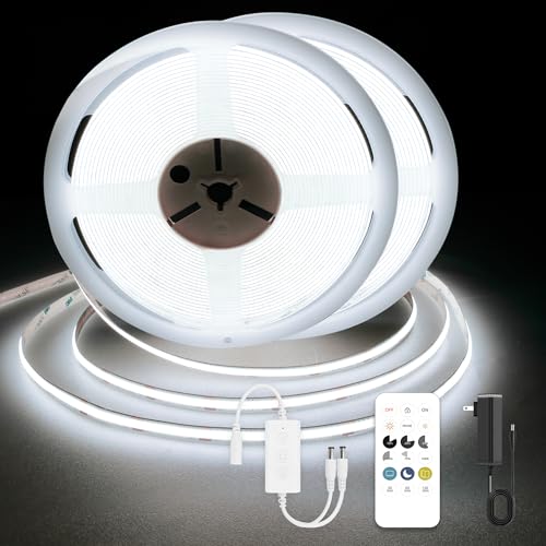 Image of COB LED Strip Lights, Dotless LED Lights with Remote& App, 49.2ft White 6000K Super Bright Dimmable 24V Flexible LED Tape Light,Kitchen Cabinet,Office,Stairs,Shelf Indoor Lighting.