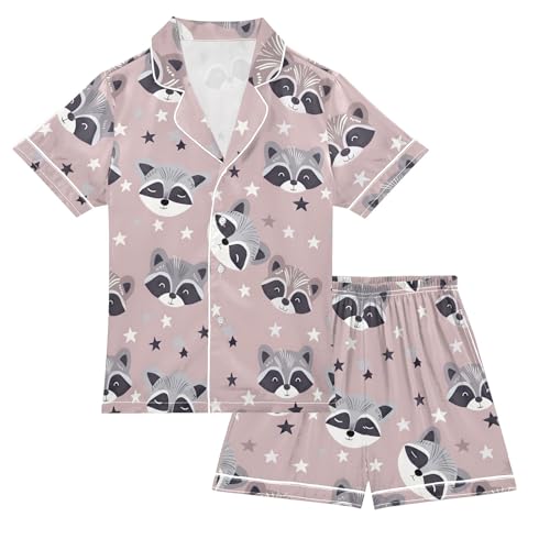 Cute Little Raccoon with Stars Summer Satin Pajama Set, Cute Button-Down Sleepwear Pj Set for Sleep Wears