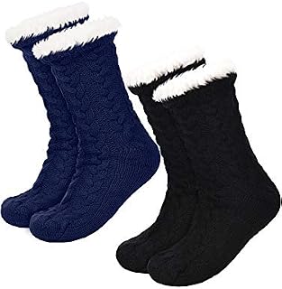 2 Pairs Women's Warm Slipper Socks Christmas Fuzzy Socks Fleece-lined Non Slip Slipper Socks