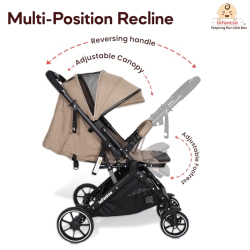 Image of Infantso GlideX Premium Baby Stroller / Pram, Reversible Handle, One-Hand Fold and 360 Rotating Wheels,, Travel Friendly, 5 Points Safety Harness, Extendable Canopy, Multilevel Recline, Adjustable Footrest, Easy Fold, Shock Absorption Wheels, for babies 0 to 3 years ( Khaki )