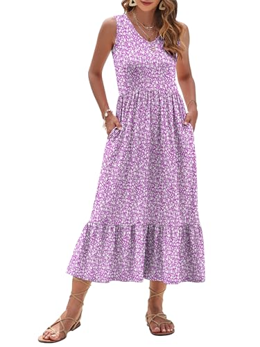 Image of AUSELILY Womens Summer Maxi Dress Casual Sleeveless V Neck Floral Dresses | A line shape with practical side pockets, Vacation dress for resort walks, Pair with low heels and simple jewelry