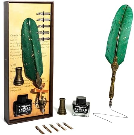 Greensen Quill Feather Dip Pen Set - Vintage Calligraphy Pen With 6 Nibs & Ink Bottle For Handwriting & Gifts