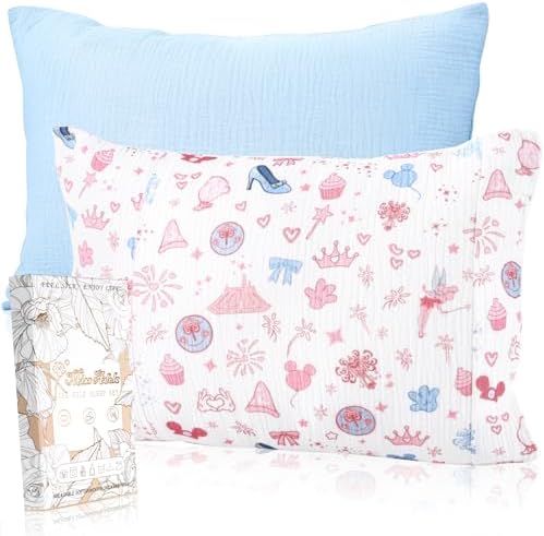 Muslin Toddler Pillowcase Set of 2-13x18 Cotton Toddler Pillow Cases with Envelope Closure Cute Cartoon Soft Breathable Kids Pillowcases for Baby Boys Girls, PK Castle & Sky Blue