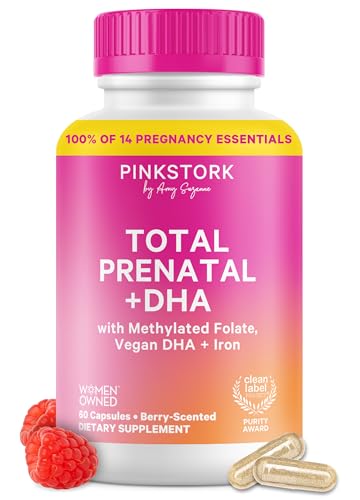 Pink Stork Total Prenatal Vitamins with DHA, Folate, Iron, Choline, and Vitamin B12 - Prenatals for Women to Support Fetal Development, Pregnancy Essentials, Berry Essence, 60 Capsules, 1 Month Supply
