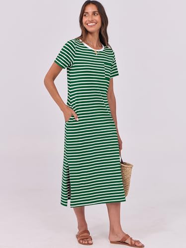 Image of ANRABESS Womens Midi Dress,Summer Long Tshirts Dresses,Short Sleeve Split Stripe,Comfy Travel Beach Vacation Casual Wear