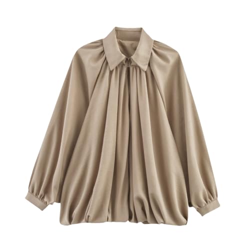 AKODOZO Womens Puffed Bomber Oversized Jacket Batwing Sleeve Streetwear Lapel Collar Zip Front Pleated Blouse Shirts
