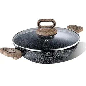 BERGNER Ultimate ILag Marble Non Stick Kadai/Kadhai with Glass Lid 24 cm, 2 litres, Induction Base, Wooden Soft Touch Handle, Food Safe (PFOA Free), Thickness 3.5mm, 1 Year Warranty, Grey