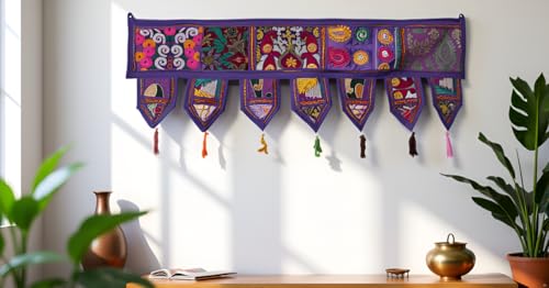 Indian Handmade Traditional Embroidered Toran Cotton Thoranam Door Living Room Decor Bandanwar Home Valance Decorations Window Hanging Bohemian wall Ethnic Decorative Vintage (Purple 1 Meter)