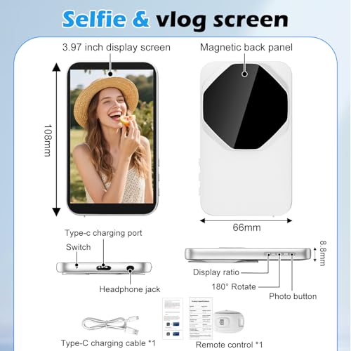 ZeeSunMm Handy Selfie Monitor für iPhone & Android – 4K Selfie Monitor iPhone mit 3,97\ Bildschirm, Bluetooth-Fernbedienung, Magnetring & Langzeit-Akku für Vlog, Live-Stream & TikTok