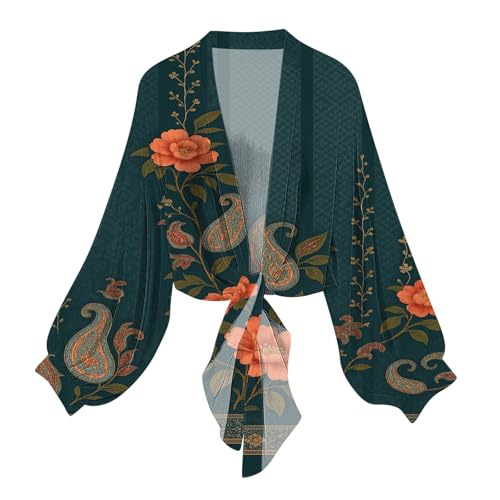 Lightweight Cardigans for Women Chiffon Printed Puff Long Sleeve Tie Front Kimono Cardigan Comfy Fall Trendy Tops