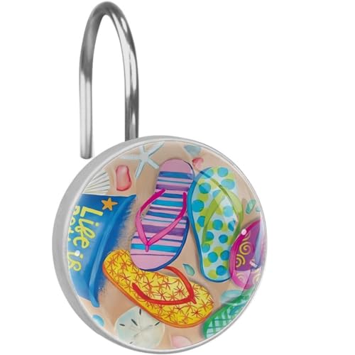 Beach Flip Flop Decorative Shower Curtain Hooks Rings Set of 12 Hooks for Shower Curtain Rustproof Curtain Rings for Bathroom