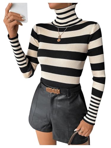 Floerns Women's Striped Print Long Sleeve Sweater Turtleneck Rib Knit Pullover Tops
