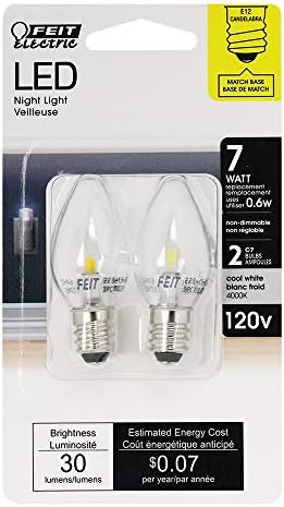 Feit Electric BPC7/LED 0.6 Watt Non Dimmable C7 Candelabra Base, Clear, LED Night Light Bulb, 2-Bulb, 4000K Cool White