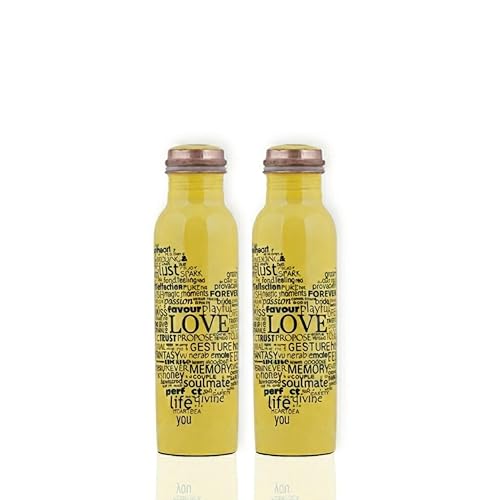 Image of Craft Trade 100% Pure Copper Water Bottle (Pack of 2) - 32 oz (950ml) Each | Yellow Printed Love Quote Typography | Leakproof Ayurvedic Copper Vessel Set for Gym, Yoga & Health