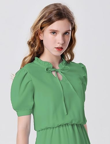 Mebius Girls Puff Short Sleeve Tie Front V Neck Elastic Waist Boho A-Line Dress Tiered Dresses for Casual School Preppy 6-12Y4