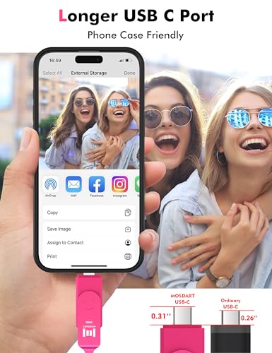 Image of MOSDART 64GB Dual USB 3.2 Type-C Flash Drive, 150MB /S Thumb Drive with Keychain and LED Light, exFAT Memory Stick for iPhone 15, 16 and 17, iPad, Android Phone, MacBook, Laptop, Hot Pink