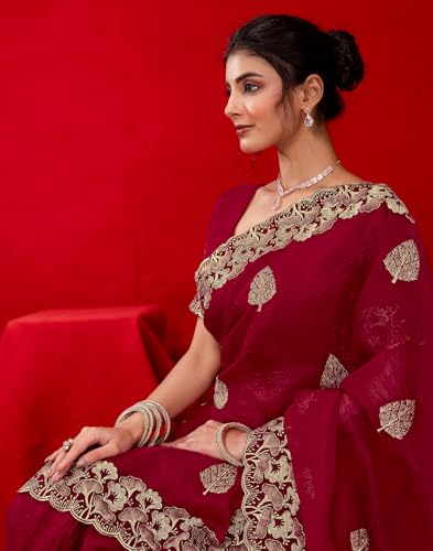 Image of SIRIL Women's Shimmer Chiffon Sequence Embroidery Saree With Unstitched Blouse Piece for Wedding and Parties