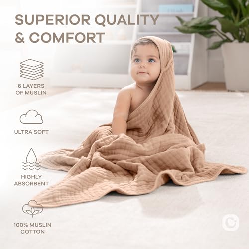Image of Comfy Cubs Hooded Baby Towel 2-Pack, Large 32 x 32 Inch - 6 Layer 100% Muslin Cotton for Babies, Toddlers, Kids - Soft & Absorbent Baby Bath Towels - Unisex Design for Bath Time, Cedar and Sand