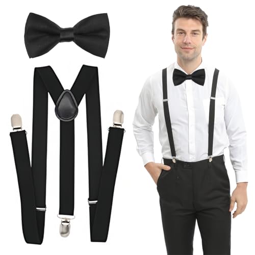 WOXJENA Hosenträger Fliege Set, Hosenträger Herren Damen Extra Stark, Hosenträger Leder Skihose für Breit，Arbeitshose，mit sehr starken 3 Metallclips