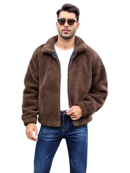 Image of BE SAVAGE Solid Sherpa Oversized Jacket Woolen Long Sleeves Zipper Hoodie For Men's