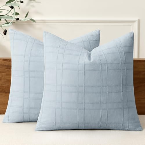 Image of MIULEE Decorative Linen Check Throw Pillow Covers Neutral Farmhouse Vintage Pillow Covers 18x18 Set of 2 Boho Modern Home Decor for Sofa Couch Bedroom Cushion Coastal Blue