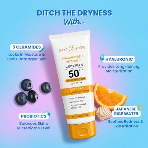 Image of Dot & Glow Niacinamide Vitamin C Sunscreen | SPF 50 PA+++ Broad Spectrum Sun Protection | Blue Light Defense | Non-Sticky Moisturizing Face Sunscreen | 60g