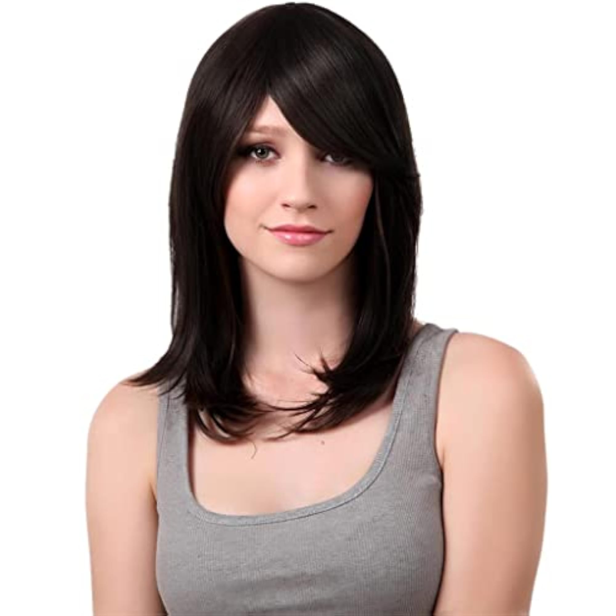 16" Long Straight Human Hair Wig with Cap, Black