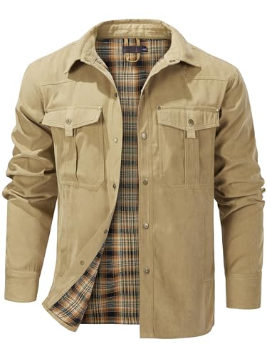 Image of Mr.Stream Mens Checked Flannel Lined Jacket Snap Plaid Shacket khaki 2XL
