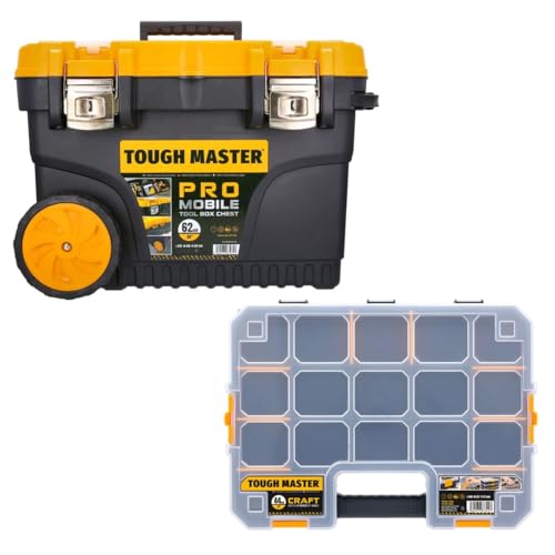 Large Tool Box On Wheels 24 Inch 62cm Professional Heavy Duty Toolbox Chest With Tote Tray 84 Litres Capacity 2 Wheels For Maintenance And Home TOUGH MASTER (With 17 Inch Organiser)