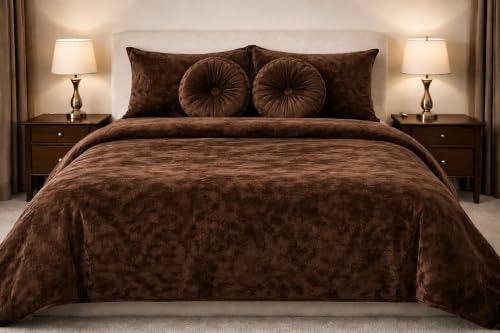 Image of Sands Luxurious 6Pc Bedding Set for Winter, 1 Double Duvet Cover,1 Double Bed bedsheet, 2 Pillow Covers, 2 Round Cushions, Ultra Soft Woollen Bedsheet Set- 90X100 inches (Dark Bronze)