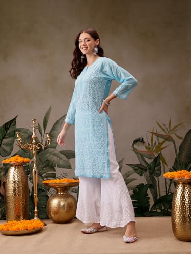 Image of Ada Lucknow Chikankari Hand Embroidered Faux Georgette Kurta Kurti Tunic Dress for Women A95504