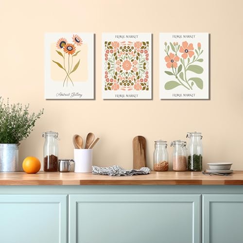 Image of SKYRISE 3 PCS Boho Floral Canvas Wall Art, Rustic Botanical Canvas Paintings Prints ArtWork for Living Room, Vintage Flower Pictures for Farmhouse Dining Room Hallway Bedroom Wall Decor 12 inchx16 inch
