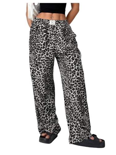 Image of RoseSeek Women's Letter Leopard Print Y2K Straight Elastic Waist Leg Pants | Cheetah Print, Straight, Baggy Loose Fit, Slant Pocket, Streetwear, Vintage, Graphic Trousers